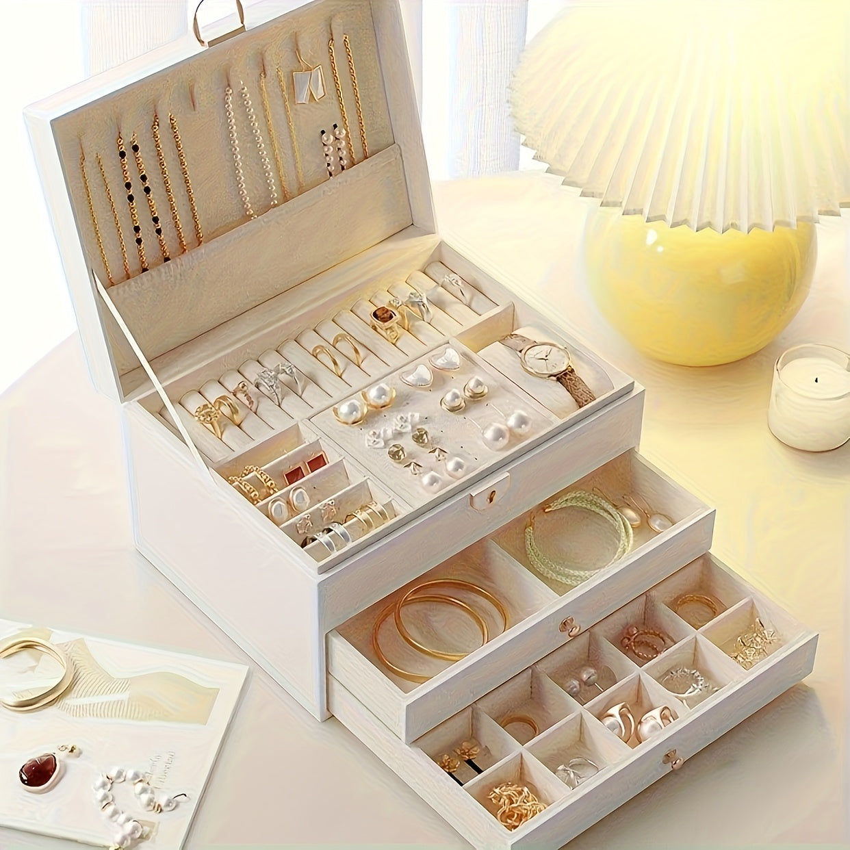 Luxury Key Lock Jewelry Box - Elegant Divided Storage Box, Suitable for Necklaces, Earrings, Bracelets, Watches - Secure Lock Design, Soft Lining - Perfect Gift for Valentine'S Day, Christmas, Birthday - Home or Boutique Display Box - Available in Green,