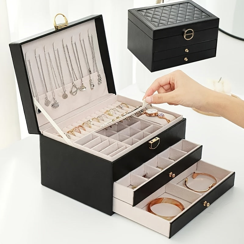 Vintage Golden-Tone Faux Leather Jewelry Organizer Box with 3 Drawers – Elegant Necklace, Bracelet, and Ring Storage Case for Women, Jewelry Box, Jewelry Boxes