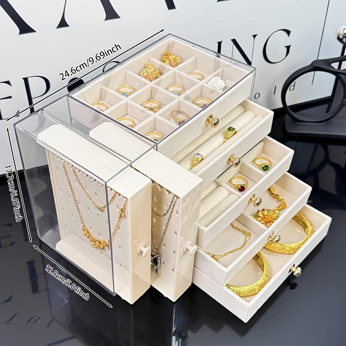 Large Jewelry Organizer Box with Clear Lid - Elegant Jewelry Storage Case, Multiple Compartments for Necklaces, Bracelets, Rings, Earrings - Birthday, Mother's Day, Valentine's Gift for Women - Desktop Organizer with Secure Closure, Jewelry Box Organizer,