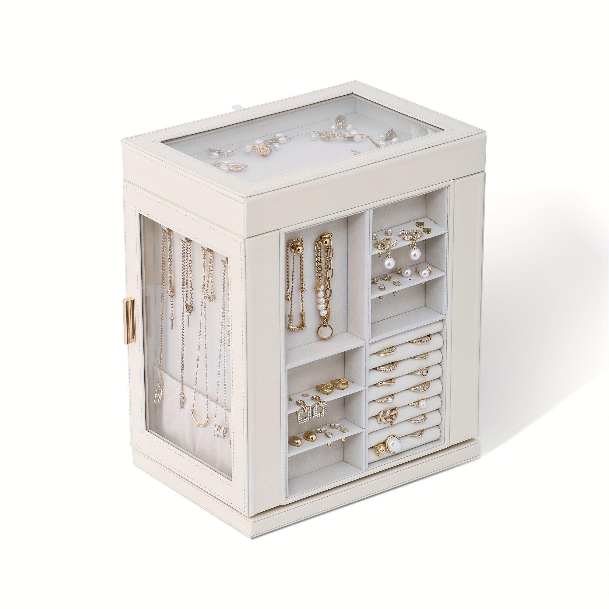 [1pc CASEGRACE Jewelry Box] CASEGRACE 1pc 360° Rotating Jewelry Organizer Box | 5-Drawer Large Capacity Faux Leather Storage with Transparent Double Doors, Modern Elegant Design for Necklaces, Rings, Earrings, Watches | Perfect Gift for Women (Valentine's