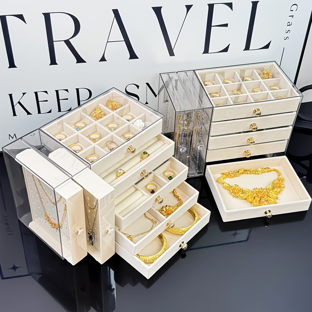 Large Jewelry Organizer Box with Clear Lid - Elegant Jewelry Storage Case, Multiple Compartments for Necklaces, Bracelets, Rings, Earrings - Birthday, Mother's Day, Valentine's Gift for Women - Desktop Organizer with Secure Closure, Jewelry Box Organizer,