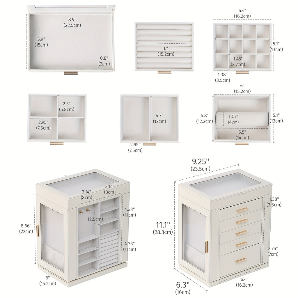 [1pc CASEGRACE Jewelry Box] CASEGRACE 1pc 360° Rotating Jewelry Organizer Box | 5-Drawer Large Capacity Faux Leather Storage with Transparent Double Doors, Modern Elegant Design for Necklaces, Rings, Earrings, Watches | Perfect Gift for Women (Valentine's