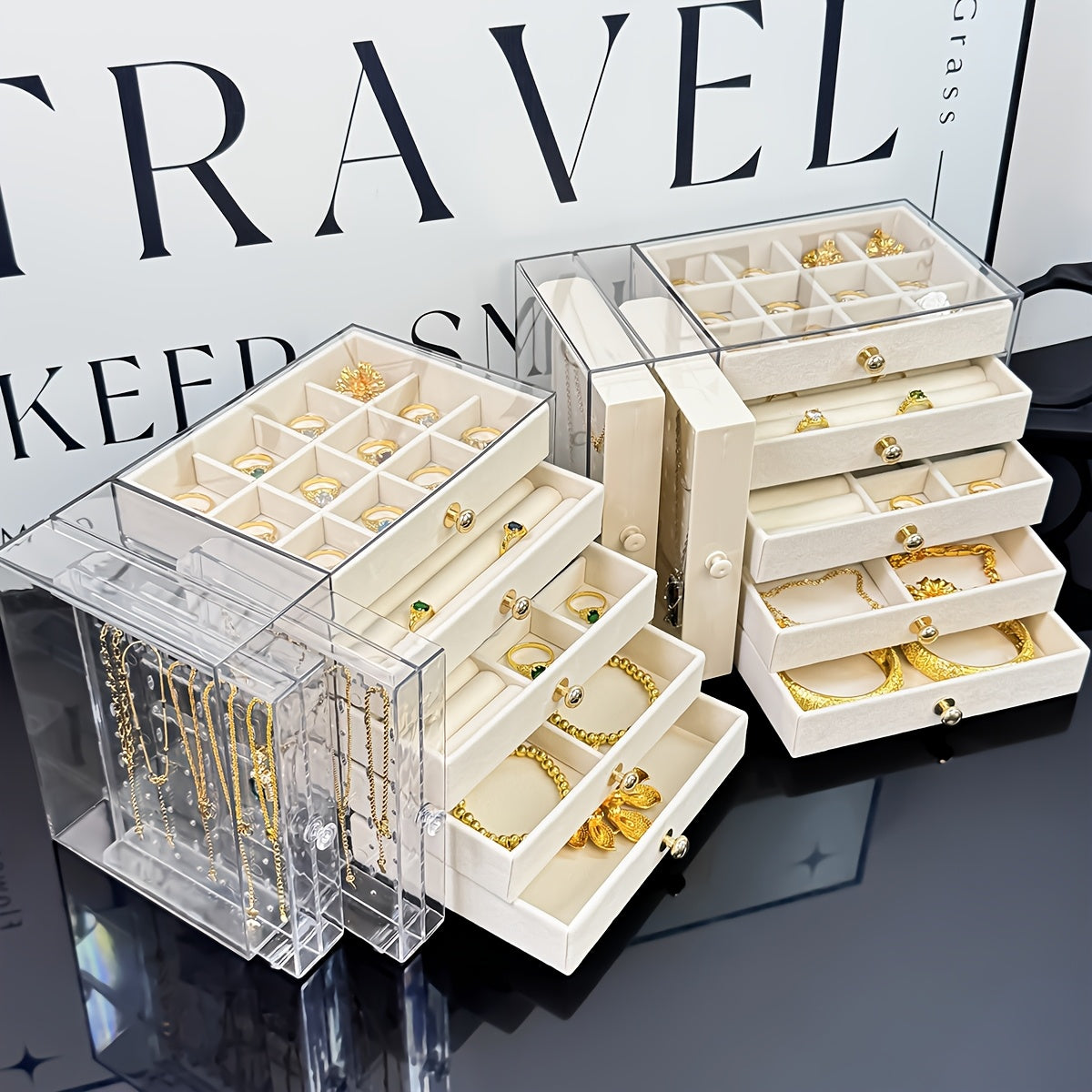 Large Jewelry Organizer Box with Clear Lid - Elegant Jewelry Storage Case, Multiple Compartments for Necklaces, Bracelets, Rings, Earrings - Birthday, Mother's Day, Valentine's Gift for Women - Desktop Organizer with Secure Closure, Jewelry Box Organizer,