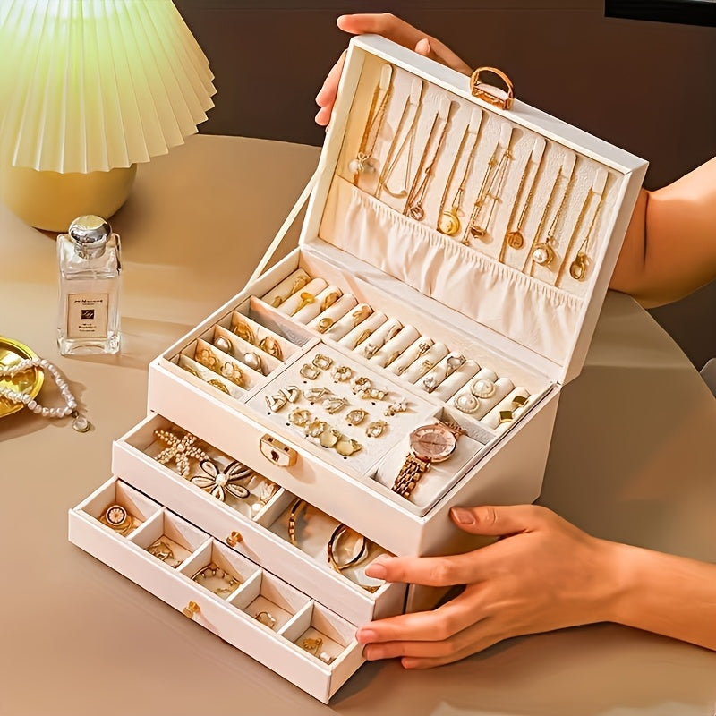 Vintage Style Multi-Layer Faux Leather Jewelry Box with Drawers, Soft Lined to Organize Necklaces, Earrings, Rings & Accessories, Large Capacity, Suitable for French-Style Bedroom and Minimalist Living Room, Desktop Storage Function, Wedding Gift Variety