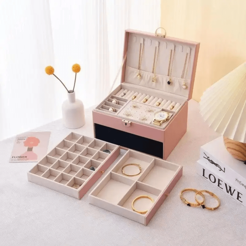 Vintage Style Multi-Layer Faux Leather Jewelry Box with Drawers, Soft Lined to Organize Necklaces, Earrings, Rings & Accessories, Large Capacity, Suitable for French-Style Bedroom and Minimalist Living Room, Desktop Storage Function, Wedding Gift Variety