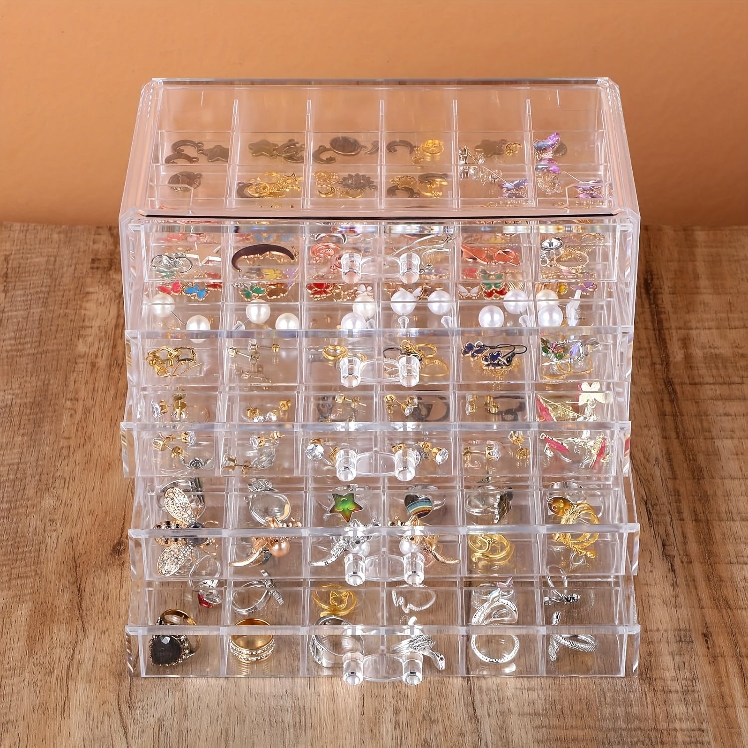 Jewelry Storage Box with 5 Drawers, Featuring 5 Layers And 120 Compartments Made of Transparent Plastic. This Multifunctional And Minimalist Organizer Is Suitable for Women And Girls, Serving As a Clear Display Stand for Earrings, Necklaces, Rings, And