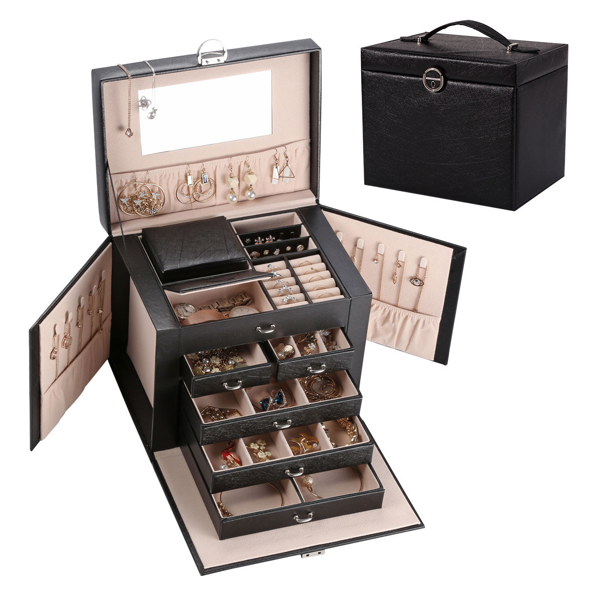 [1pc Multi-layer Jewelry] 1pc Multi-layer Jewelry Box, Jewelry Storage Box With Drawers, Jewelry Storage Holder With Mirror