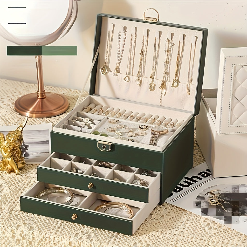 Vintage Style Multi-Layer Faux Leather Jewelry Box with Drawers, Soft Lined to Organize Necklaces, Earrings, Rings & Accessories, Large Capacity, Suitable for French-Style Bedroom and Minimalist Living Room, Desktop Storage Function, Wedding Gift Variety